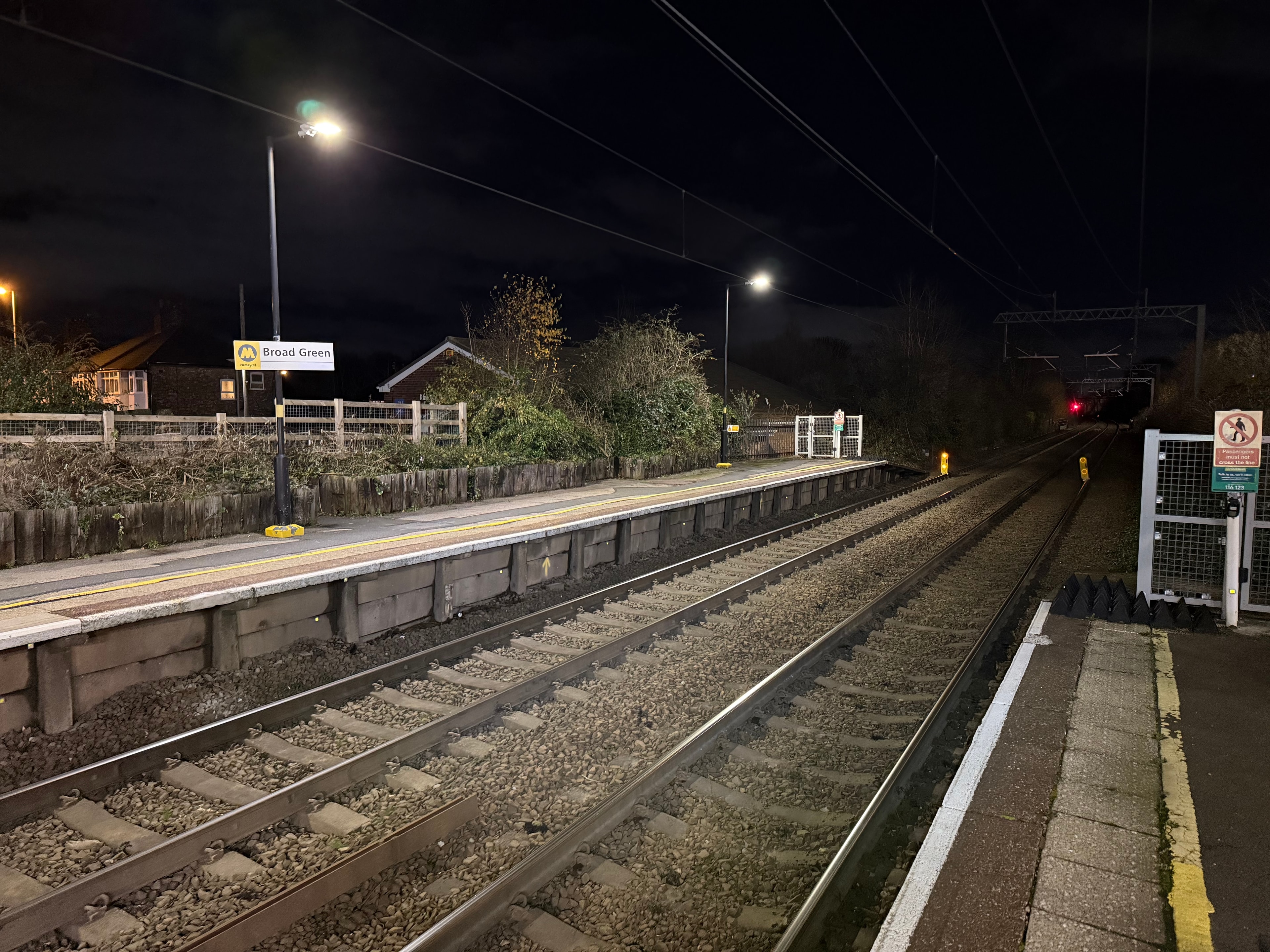 Broad Green railway station night platform