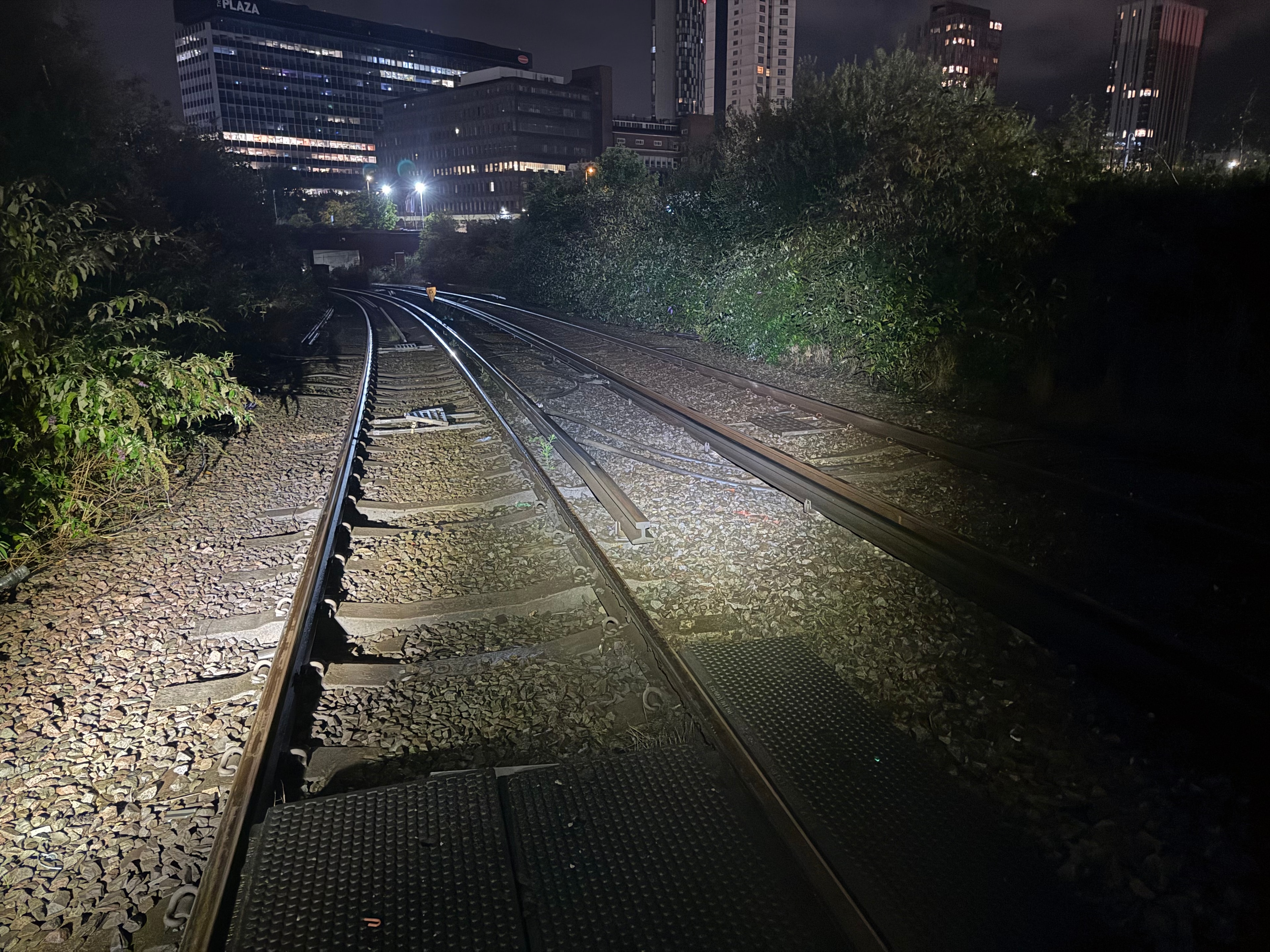 Night works — track junction with red signals